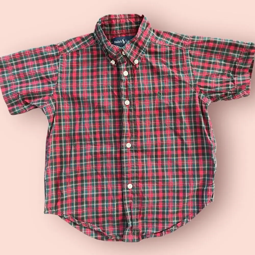 Ralph Lauren Boys Toddler Plaid Button Down Shirt Size 3T Red Short Sleeve